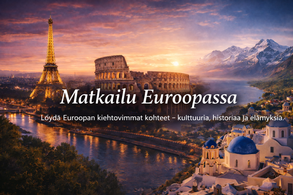 Matkailu Euroopassa-Eiffel torni,Colosseum,Santorini ja Alpit