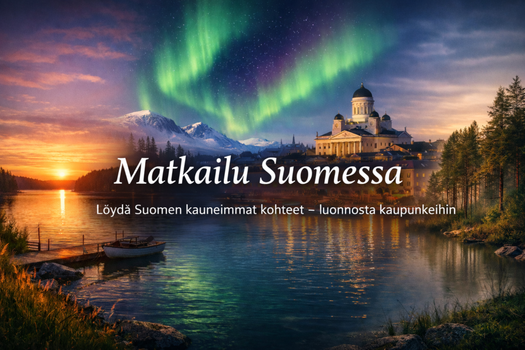 Matkailu Suomessa-järvimaisema,revontulet ja suomalainen kaupunkimaisema 16:9 hero-kuva
