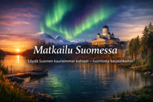 Matkailu Suomessa-järvimaisema,revontulet ja suomalainen kaupunkimaisema 16:9 hero-kuva