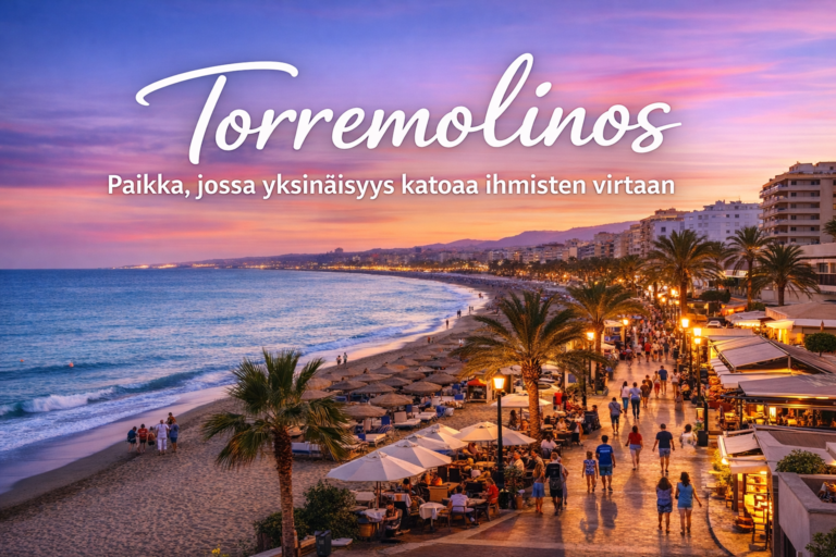 Torremolinos rantapromenadi auringonlaskussa,ihmisiä kävelemässä palmujen ja rantakahviloiden keskellä Costa del Solilla