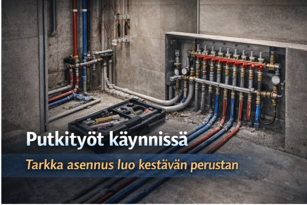 Putkityöt käynnissä kylpyhuoneremontissa-tarkka LVI-asennus