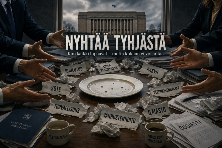 Tyhjä pöytä ja kasa papereita symboloimassa poliittista päätöksen tekoa ilman resursseja