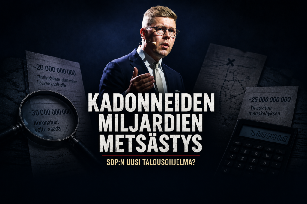 Satiirinen Hero-kuva,jossa Antti Lindtmania muistuttava poliitikko esiintyy kadonneiden miljardien etsijänä.Kuvassa korostuvat laskelmat,suurennuslasi ja teksti "kadonneiden miljardien metsästys".