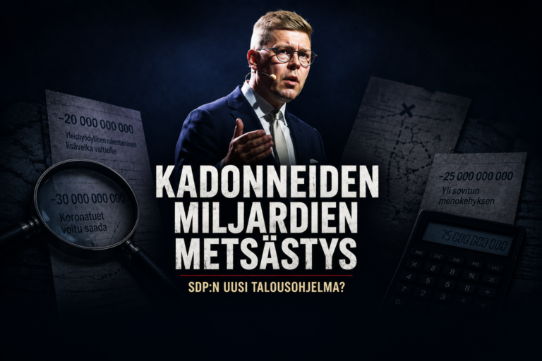 Satiirinen Hero-kuva,jossa Antti Lindtmania muistuttava poliitikko esiintyy kadonneiden miljardien etsijänä.Kuvassa korostuvat laskelmat,suurennuslasi ja teksti "kadonneiden miljardien metsästys".