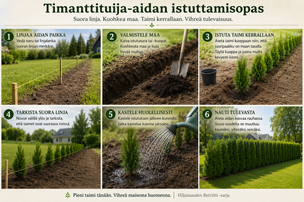 Timanttituija-aidan istuttamisopas näytettynä havainnollisena kuva sarjana.