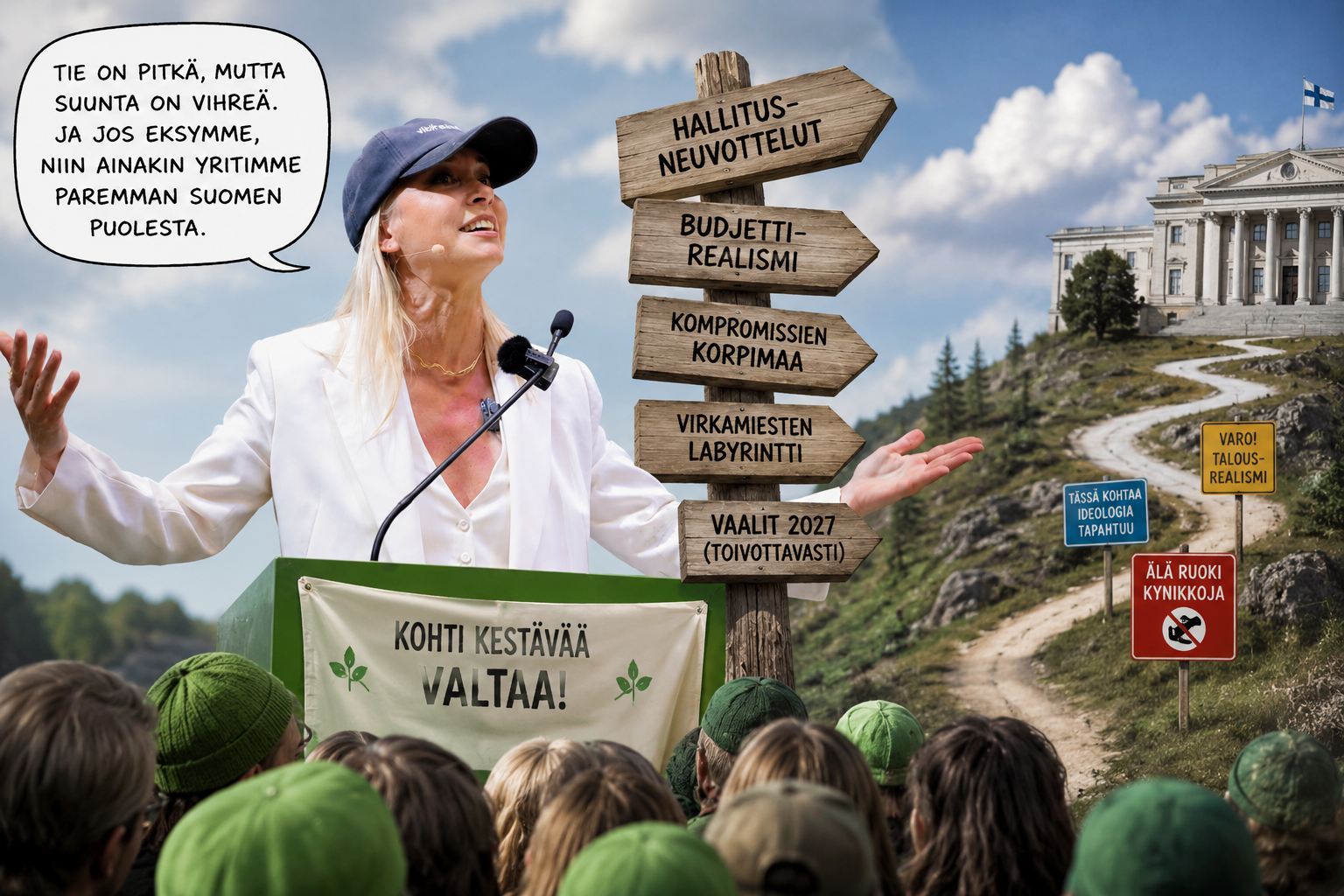 Satiirinen lopetuskuva puoluekokouksen tunnelmasta valojen himmetessä