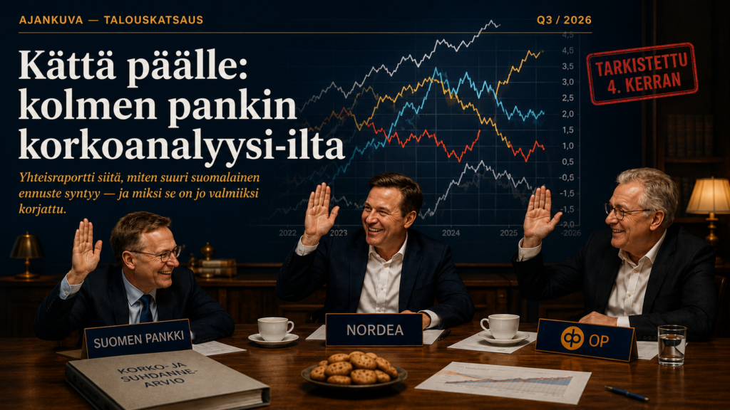 Kolme pankkia:Suomen Pankki,Nordea ja Op keskustelevat tulevista suhdannenäkymistä pöydän ääressä.