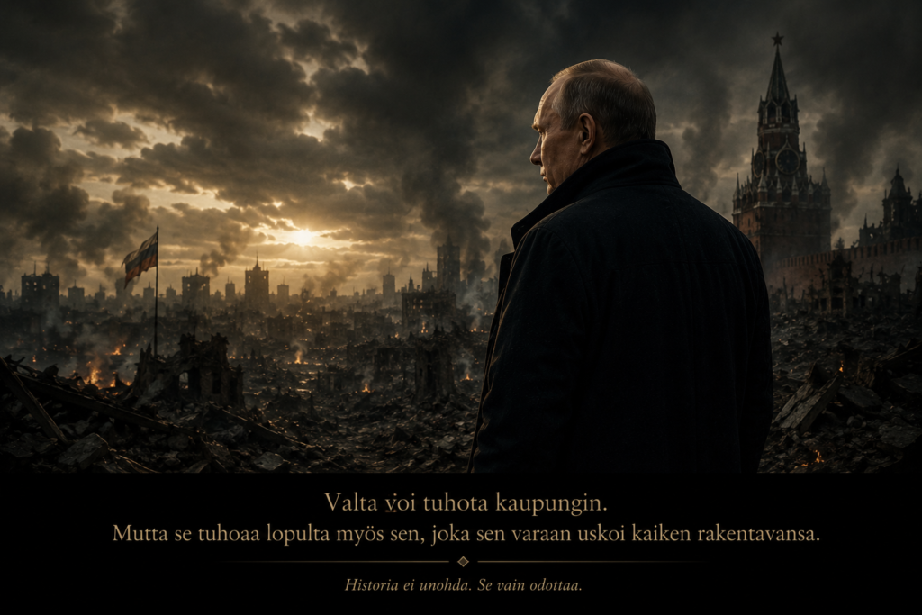Vladimir Putin katsoo sodan runtelemaa maisemaa kuvitteellisessa ja symbolisessa lopetuskuvassa.