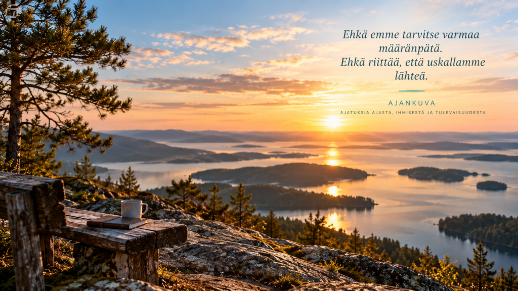 Näkymä vaaralta kohti järvimaisemaa hiljaisessa luonnossa.