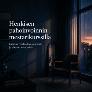 Henkisen pahoinvoinnin mestarikurssilla-Tyhjä tuoli sateisen ikkunan ja iltahämärän äärellä.