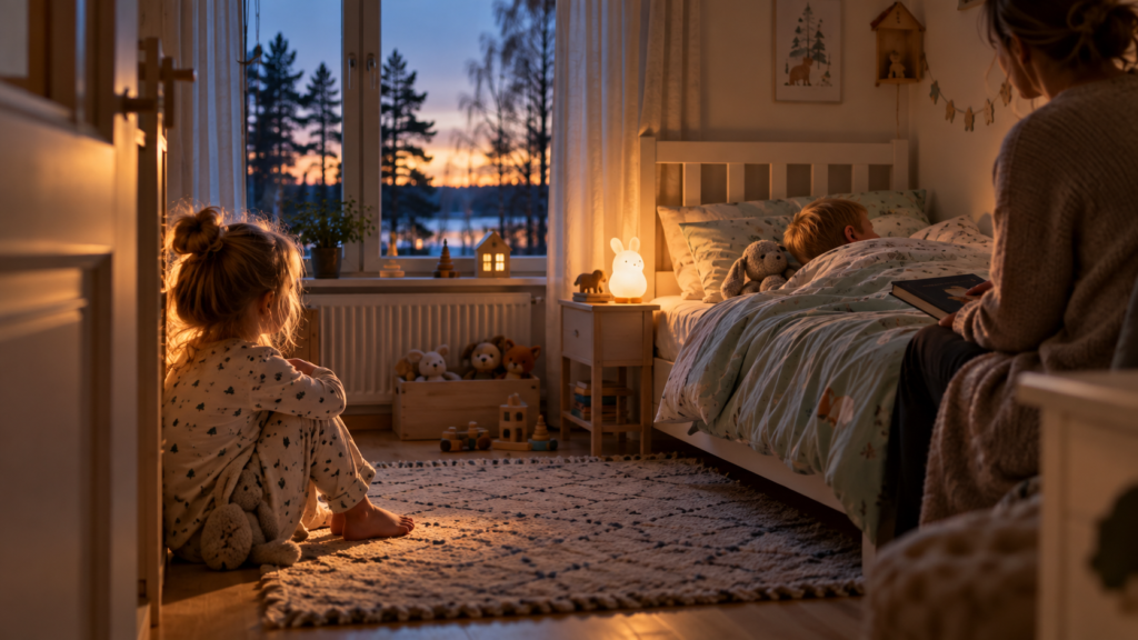 Siiri kuuntelee oviaukossa,kun Eemeli on peitelty sänkyyn ja vanhempi istuu hänen vierellään iltasadun jälkeen.