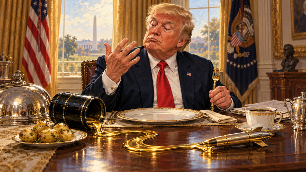 Satiirinen kuvitus Trumpista aamiaispöydässä tarkastelemassa kättään,kun öljy muuttuu pöydällä ohjuksiksi.