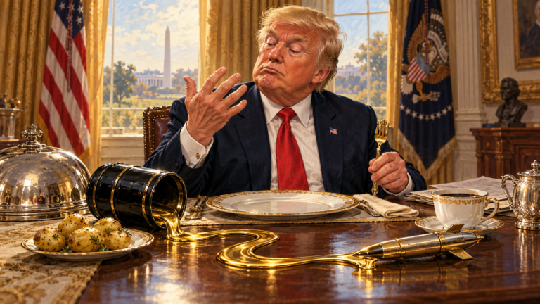 Satiirinen kuvitus Trumpista aamiaispöydässä tarkastelemassa kättään,kun öljy muuttuu pöydällä ohjuksiksi.