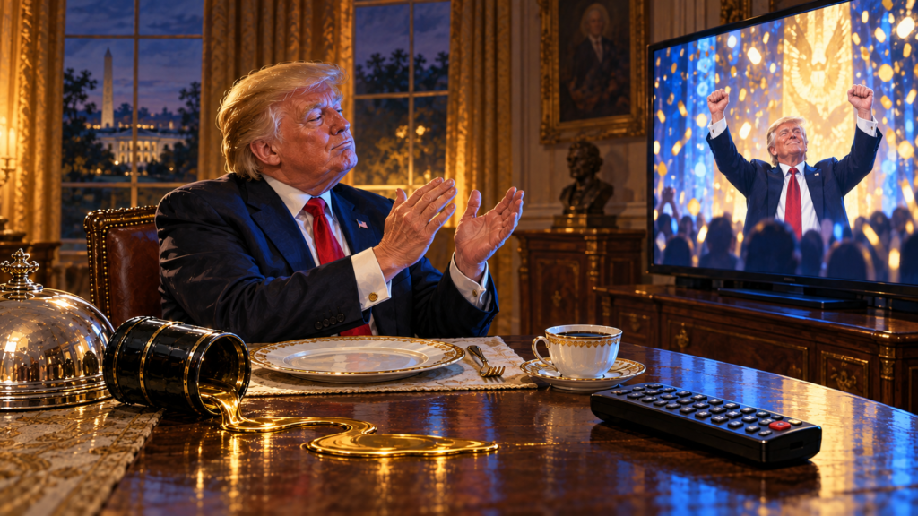 Satiirinen kuvitus Trumpista katsomassa omaa voitonjuhlaansa televisiosta.Pöydällä on suuri kaukosäädin ja kultaista öljyä.